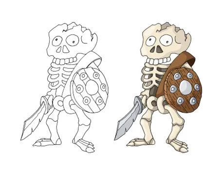 Human Skeleton Warrior Standing with Sword and Shield, cartoon Character Illustration