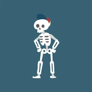 Human Skeleton Wearing Baseball Cap Standing with Hands on His Waist, Funny Dead Stock Illustration
