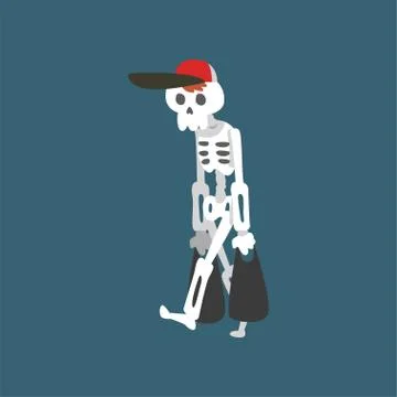 Human Skeleton Wearing Baseball Cap Walking with Shopping Bags, Funny Dead Man Stock Illustration