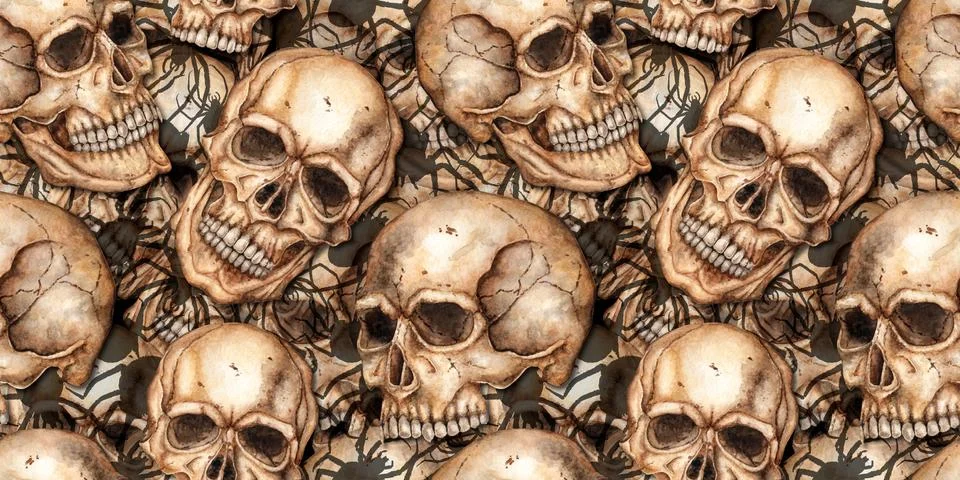 Human skull and spiders pattern watercolor Stock Illustration