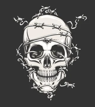 Human Skull in Barbed Wire Stock Illustration