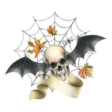 Human skull with bat wings, moth, paper scroll, witch hat, cobweb and autumn イラスト素材