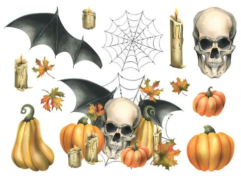 Human skull with bat wings, orange pumpkins, cobwebs, candles and autumn maple Stock Illustration