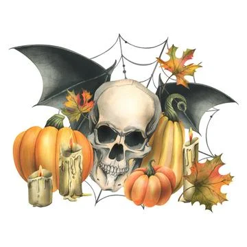 Human skull with bat wings, orange pumpkins, cobwebs, candles and autumn maple Stock-Illustration