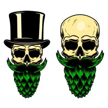 Human skull with the beard made from beer hop. Design element for poster, car Stock Illustration