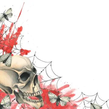 Human skull with black bat wings with a bloodstain, cobwebs and night moths for Stock Illustration