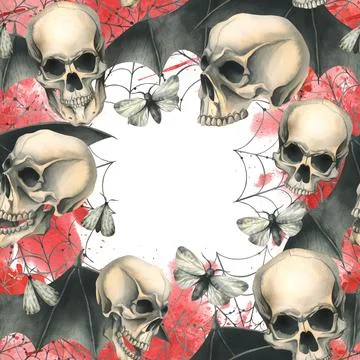 Human skull with black bat wings with a bloodstain, cobwebs and night moths for Stock Illustration