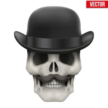 Human skull with black bowler hat Stock Illustration