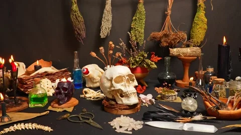 Human skull on black, selective focus, surrounded by magic esoteric ritual .. Stock Footage 314614028