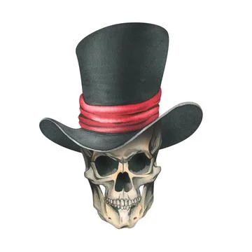 A human skull in a black top hat with a red ribbon. Hand drawn watercolor Stock Illustration