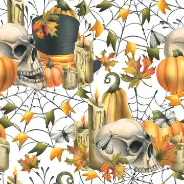 Human skull, black top hat with orange pumpkins, cobwebs, candles and autumn Stock Illustration