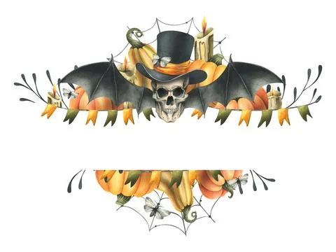 Human skull, black top hat with orange pumpkins, branches, candles and autumn Stock Illustration