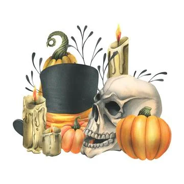 Human skull with black top hat, orange pumpkins, branches, candles. Hand drawn Stock Illustration