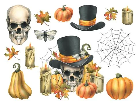 Human skull in black top hat with orange pumpkins, cobweb, candles and autumn Stock Illustration