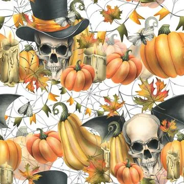 Human skull, black top hat with orange pumpkins, cobwebs, candles and autumn Stock Illustration