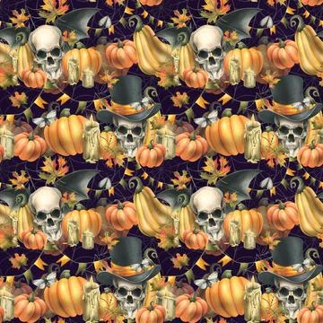 Human skull, black top hat with orange pumpkins, cobwebs, candles and autumn Stock Illustration