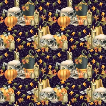 Human skull, black top hat with orange pumpkins, cobwebs, candles and autumn Stock Illustration