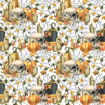 Human skull, black top hat with orange pumpkins, cobwebs, candles and autumn Stock Illustration