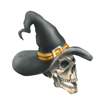 Human skull in black witch hat with orange ribbon and gold buckle for death day Stock Illustration