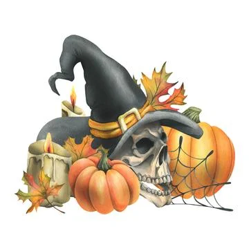 Human skull in a black witch hat with orange pumpkins, cobwebs, candles and Stock Illustration