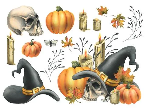 Human skull in a black witch hat with orange pumpkins, branches, candles and Stock Illustration