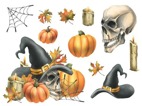 Human skull in a black witch hat with orange pumpkins, cobwebs, candles and Stock Illustration