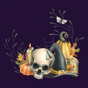 Human skull, black witch hat, orange pumpkins, branches, candles and autumn Stock Illustration
