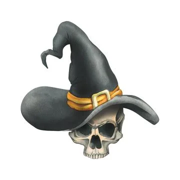 Human skull in black witch hat with orange ribbon and gold buckle for death day Stock Illustration