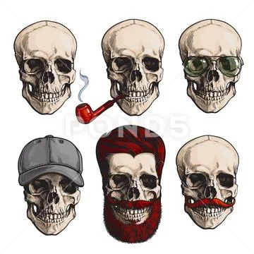 Human skull bones with sunglasses, beard, moustache, smoking pipe Stock Illustration