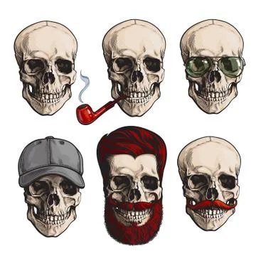 Human skull bones with sunglasses, beard, moustache, smoking pipe Stock Illustration