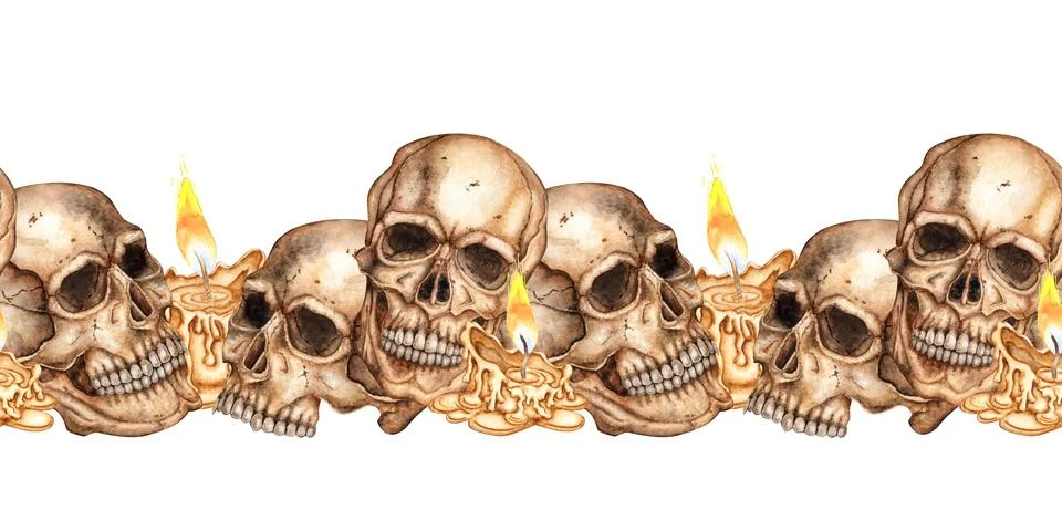 Human skull with candles pattern horizontal watercolor イラスト素材