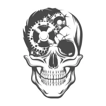 Human Skull with Clockwork Gears Inside Tattoo Stock Illustration