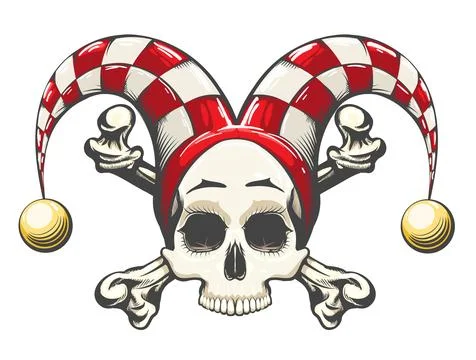 Human Skull in Clown Cap Engraving Tattoo Stock Illustration