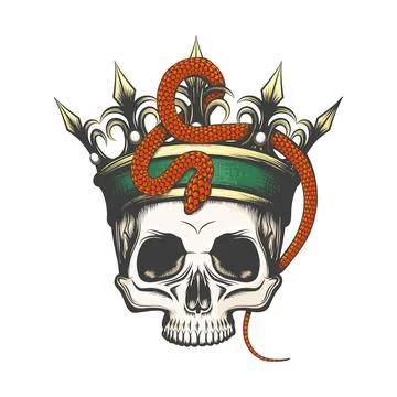 Human Skull in Crown and Snake Tattoo Stock Illustration