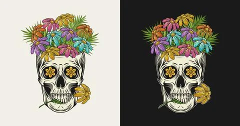 Human skull like cup full of chamomile flowers Stock Illustration