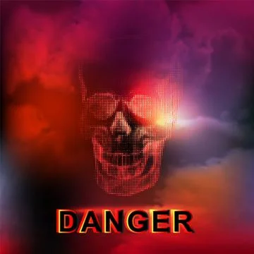 Human skull on danger cloudy sky. Dark red black background. Threat of military Stock Illustration