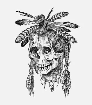 Human skull. Dead Native American Indian with feathers in vintage style. Retro Stock Illustration