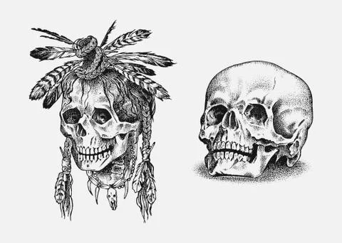 Human skull. Dead Native American Indian with feathers in vintage style. Retro Stock Illustration