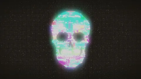Human Skull on Digital Old TV Screen, Glitch Noise Pixel Interference Animation. Stock Footage 232991406