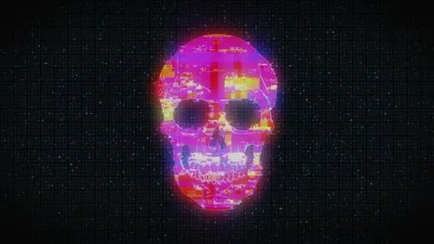 Human Skull on Digital Old TV Screen, Glitch Noise Pixel Interference Stock Illustration
