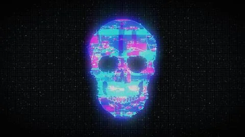 Human Skull on Digital Old TV Screen, Glitch Noise Pixel Interference Stock Illustration
