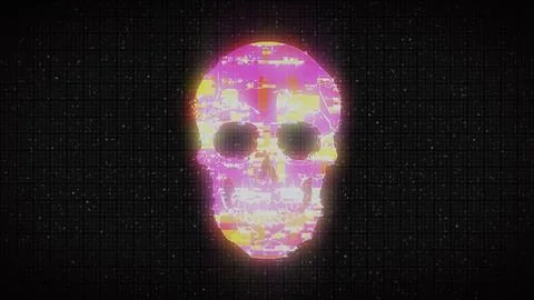 Human Skull on Digital Old TV Screen, Glitch Noise Pixel Interference Stock Illustration