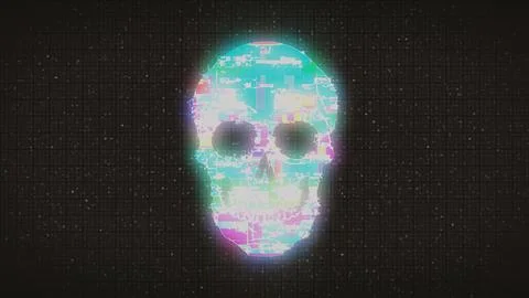 Human Skull on Digital Old TV Screen, Glitch Noise Pixel Interference Stock Illustration