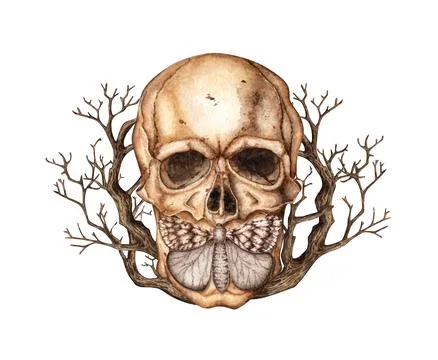 Human skull face butterfly and branches watercolor Stock Illustration