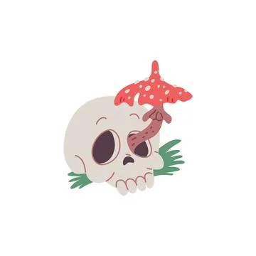Human skull with fly agaric, vector cartoon scull with poisonous mushroom icon 스톡 일러스트