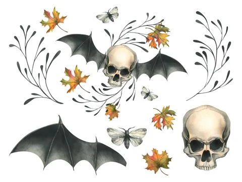 Human skull flying with bat wings, night moths cobwebs, and autumn maple leaves Stock Illustration