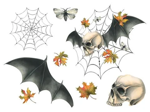 Human skull flying with bat wings, night moths, cobweb and autumn maple leaves Illustrazione stock