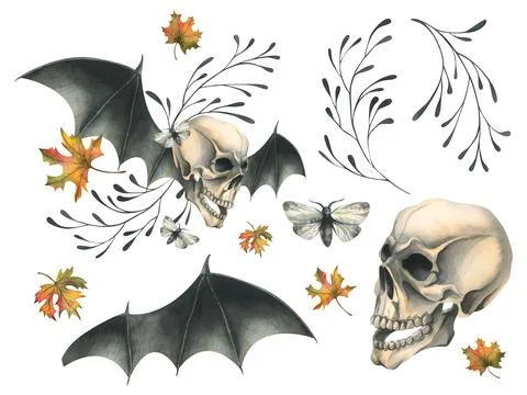Human skull flying with bat wings, night moths and autumn maple leaves. Hand Illustrazione stock