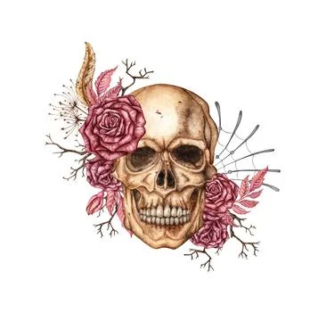 Human skull front roses and spider web watercolor Stock Illustration