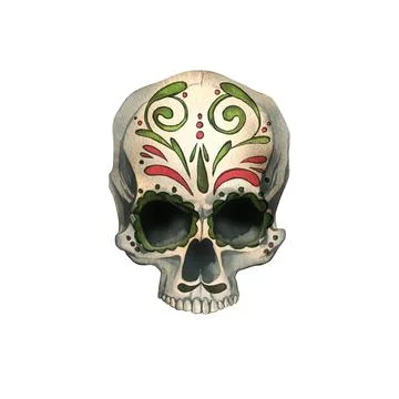 Human skull front view with colored ornaments. Hand drawn watercolor Stock Illustration
